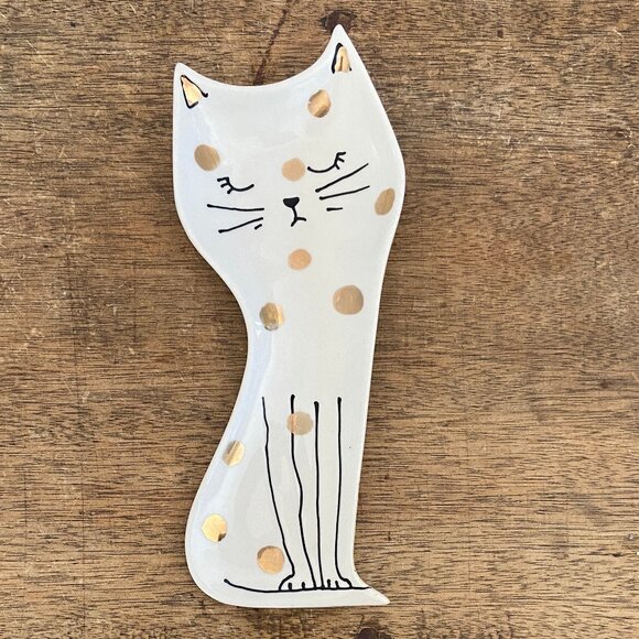 Anthropologie Gold Polka Dot Cat Spoon Rest - Picture 3 of 7